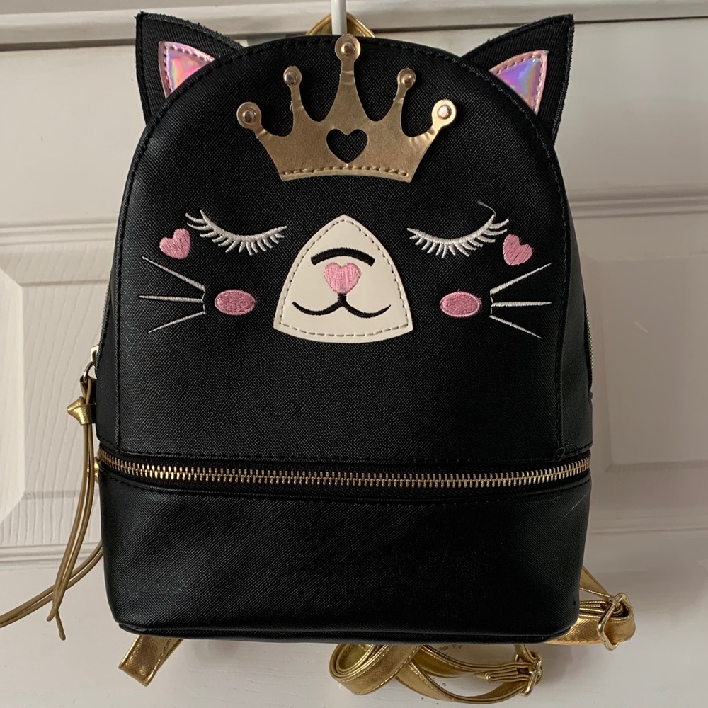 Under One Sky Black Princess Cat Small Backpack with Gold Details